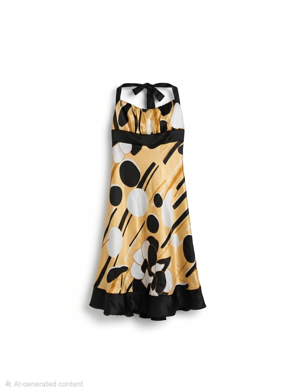 Strapless Gold Satin Dress with Black & White Polka Floral Print